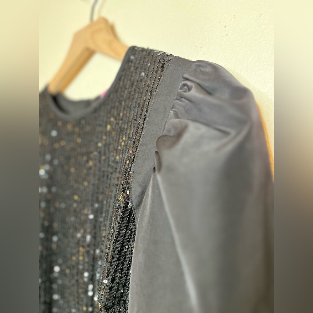 LDT Black Dress Sequin Mini Puff Sleeve Tie Waist Cocktail Holiday Party Glam - Picture 4 of 13
